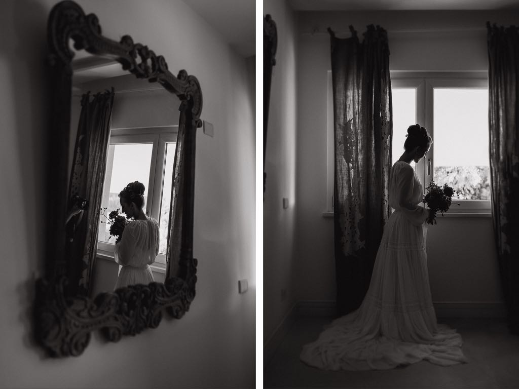 la sposa ammira il suo bouquet