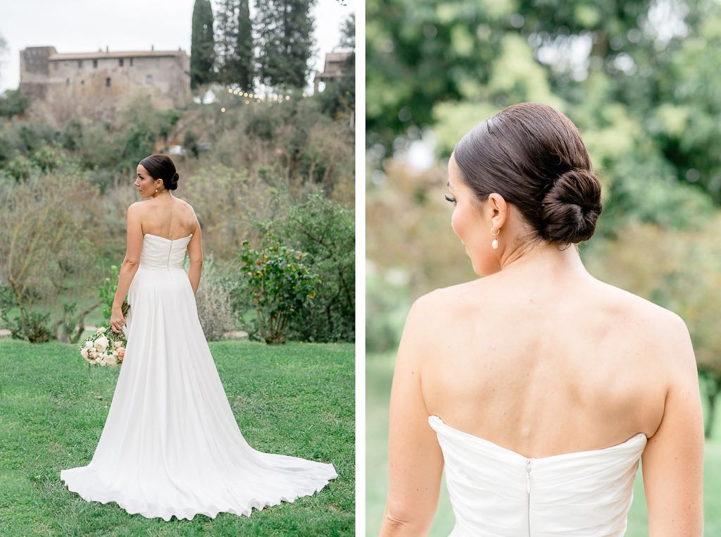 il vestito e l'acconciatura della sposa