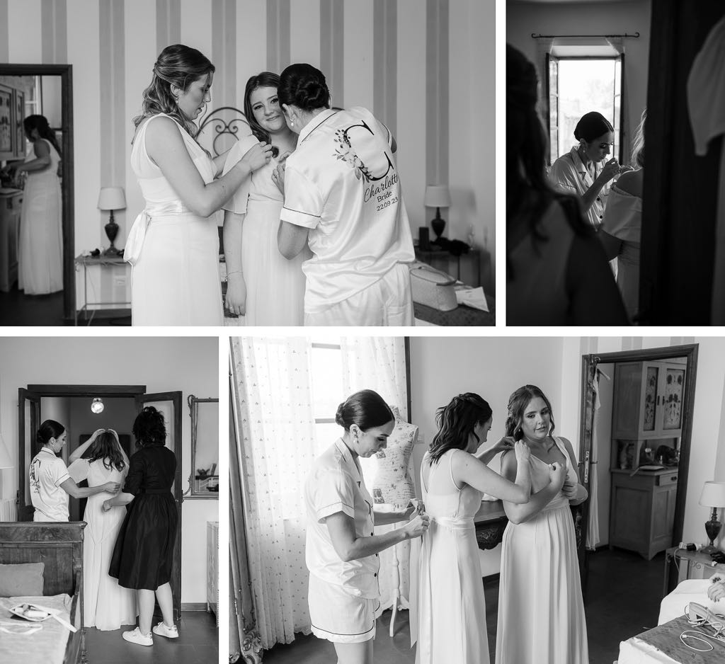 la sposa e le damigelle si preparano