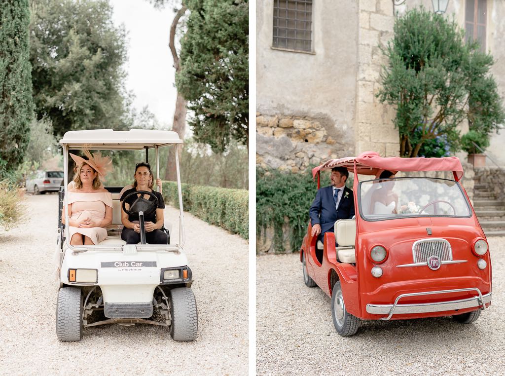 gli ospiti e la sposa in minicar